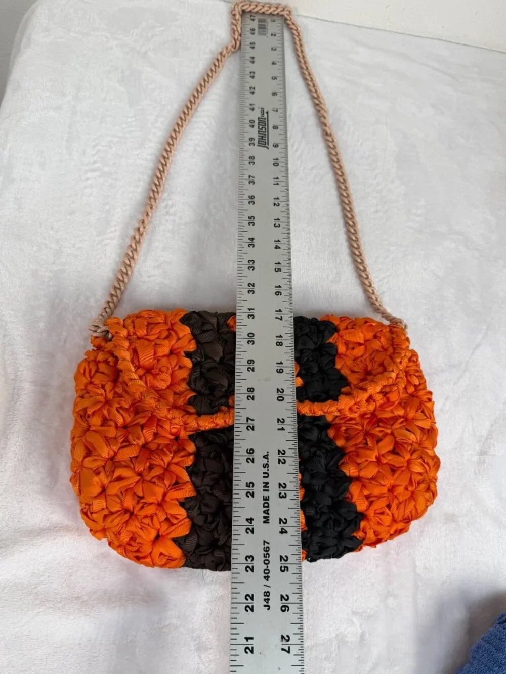 Maria La Rosa Made in Italy Ribbon Crochet Bag Orange Black Chain Strap